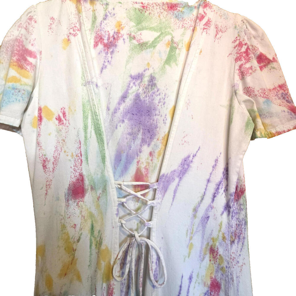 Vintage 80s Jim Elliot Paint Splatter Print White Denim Lace-up Maxi Dress Sz 10